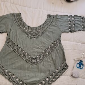 Lapis Green Asymmetrical Embellished Blouse